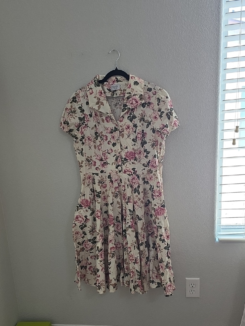 Cream Midi Dress with Pink Floral Print and Collared V-Neck